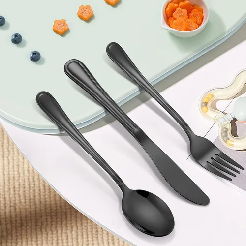 Miniatura 4 de LIANYU Juego de cubiertos negros de 12 piezas para niños pequeños, de acero inoxidable, para 4 personas, incluye cuchillo y tenedor, cuchara