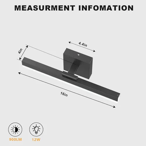 Miniatura 7 de IZORRO Moderna lámpara de tocador de baño de 16 pulgadas, giratoria, 12 W, regulable, lámpara LED sobre el espejo, barra de luz negra para tocador