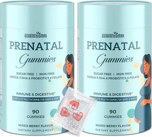 Quorinthiumax Gomitas prenatales sin azúcar, 180 unidades, vitaminas prenatales orgánicas para mujeres con folato, DHA y probióticos, gomitas de