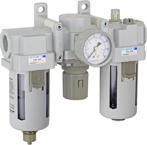 PneumaticPlus SAU400-N06G Filtro de aire comprimido Regulador Lubricador Combo 3/4" NPT - Cuenco de polietileno, drenaje manual, soporte, calibre