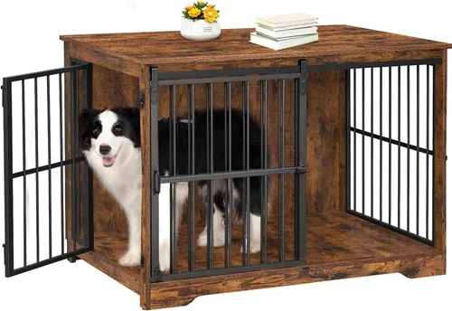 Miniatura 9 de Hzuaneri XL Jaula Grande para Perros, Mueble de Perrera de Interior de 44.1" con Puerta de Granero, Jaula Alta de Madera para Perros, Jaula Marrón