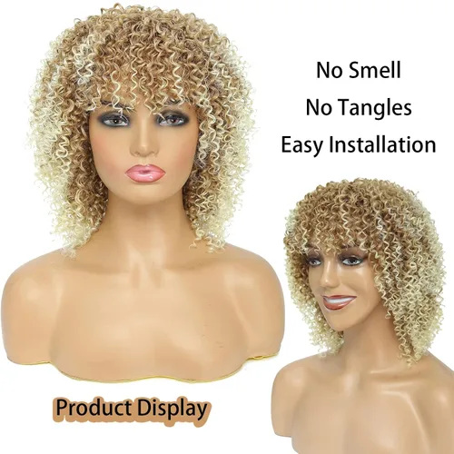 Miniatura 4 de Pelucas cortas para mujeres negras, pelucas afro rizadas para mujeres negras, pelucas rizadas con flequillo, pelucas trenzadas de repuesto de 27/613