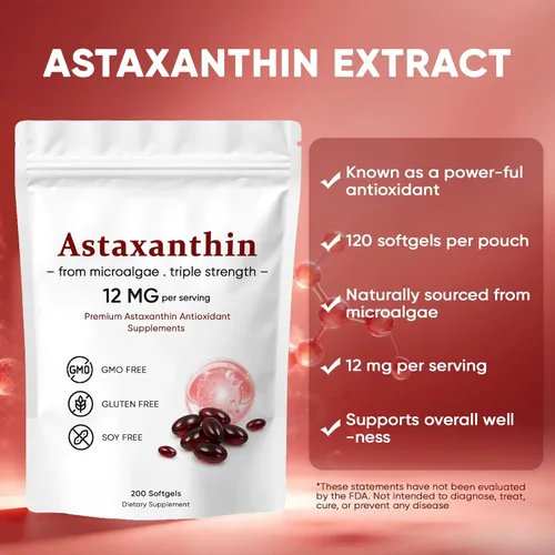 Miniatura 4 de Astaxantina 12 mg, suplementos antioxidantes de astaxantina premium, apoya los ojos, la piel, el sistema inmunológico, las articulaciones