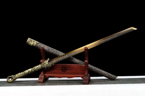 Miniatura 3 de Espada china de la dinastía Tang Dao de acero al carbono, hoja recta afilada, katana con patrón de dragón, funda Dorado