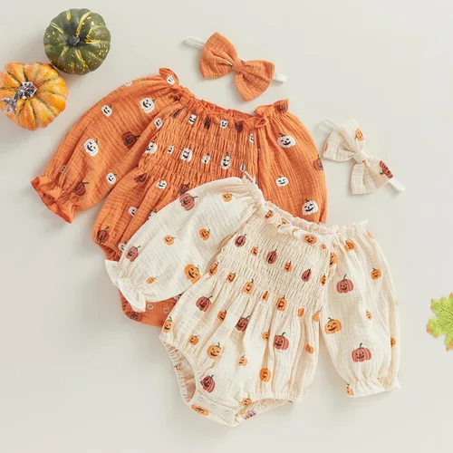 Miniatura 2 de Traje de Halloween para bebé recién nacida, disfraz de calabaza de manga larga de algodón y lino, enterizo con diadema