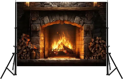 Miniatura 4 de Telón de fondo de chimenea de Navidad de 5 x 3 pies, pared de piedra vintage con llamas brillantes, fondo de fotografía para fotos familiares