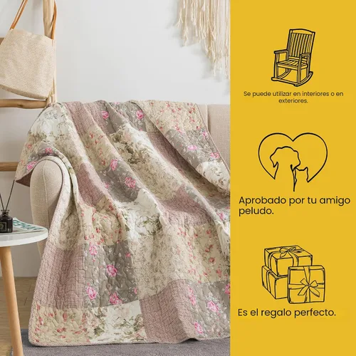 Miniatura 6 de SLPR Manta de Tiro Acolchada de Algodón, 50" x 60" Colcha de Retazos Floral Estilo Granja, Manta de Tiro de Retazos Shabby Chic Colcha de Regazo