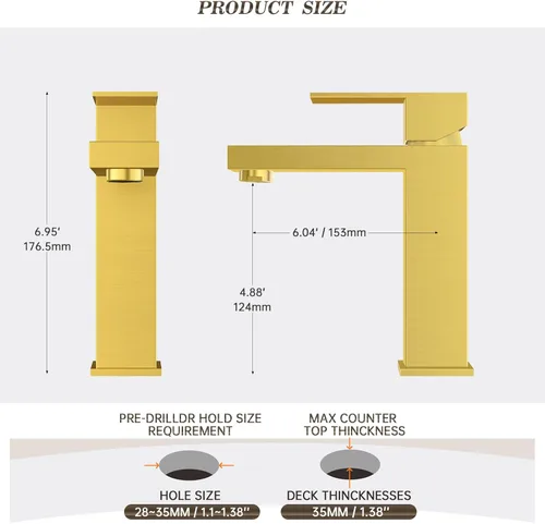 Miniatura 5 de Phiestina Grifo de tocador de baño de una sola manija cuadrada de oro cepillado con drenaje desplegable de metal con placa de cubierta, línea