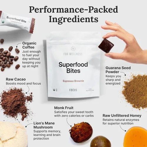 Miniatura 5 de For Wellness Superfood Bites Focus Snacks saludables para adultos y niños Bocadillo orgánico y saludable con nootrópicos para energía