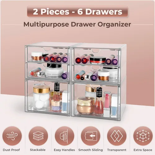 Miniatura 6 de Sorbus Organizador de maquillaje con 6 cajones, organizador de cajones de acrílico para maquillaje, organización y almacenamiento de oficina