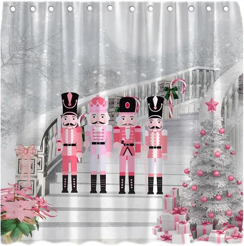 Miniatura 3 de Cortina de ducha rosa de Navidad, árbol de Navidad y caja de regalo de bola de Navidad sobre fondo gris, copo de nieve de invierno, festival