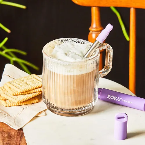 Miniatura 6 de ZOKU Popote de metal reutilizable con estuche para viajes, color morado, popote plegable de acero inoxidable con punta de silicona y cepillo Púrpura