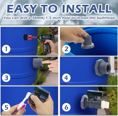 Miniatura 4 de Kit desviador de barril de lluvia de PVC, kit de espiga de 3/4 pulgadas con accesorio de mamparo, adaptador de manguera (25mm/1" + 16mm/0.63")