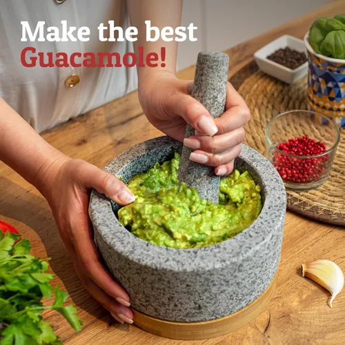 Miniatura 6 de PriorityChef Juego de Mortero y Mano de Mortero Resistente con Base de Bambú, Molinillo de Piedra de Granito 100% Natural, Tazón y Machacador de Gris
