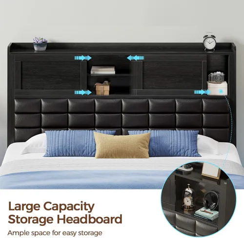 Miniatura 5 de Rolanstar Armazón de Cama Tamaño Twin con Estación de Carga, Cama con Cabecera Estantería con Luz LED y Puertas Corredizas, Cama de Plataforma