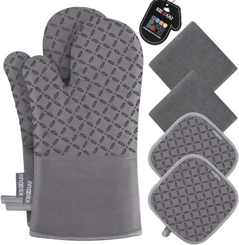 Miniatura 16 de KEGOUU Juego de 6 manoplas para horno y soportes para ollas, guantes para horno de cocina, resistentes al calor, 500 grados, extra largos