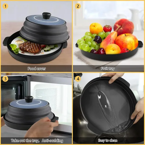 Miniatura 7 de Cubierta contra salpicaduras de microondas con bandeja de platos, cubierta de silicona para alimentos para microondas con mango antiquemaduras, tapa
