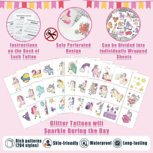 Miniatura 2 de Partywind Tatuajes temporales con purpurina de 204 estilos para niños y niñas, 34 hojas perforadas de tatuajes para niñas, suministros de fiesta