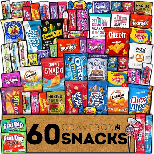 CRAVEBOX Caja de aperitivos (60 unidades) para el día del padre, cesta de regalo para adultos, niños, chicos, niñas, mujeres, hombres, cumpleaños,