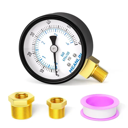Miniatura 22 de MEANLIN MEASURE Manómetro de presión de bomba de pozo de 0-100 Psi, cara de dial de 2", NPT de 1/4", con buje hexagonal de 1/2" NPT y 3/8" NPT