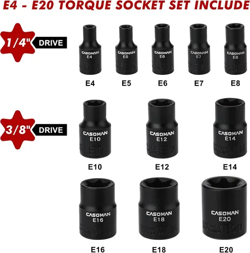 Miniatura 3 de CASOMAN 11PCS hembra Torx Socket Set, E Torx & Star Socket Set con riel, E4 - E20 Torque Sockets