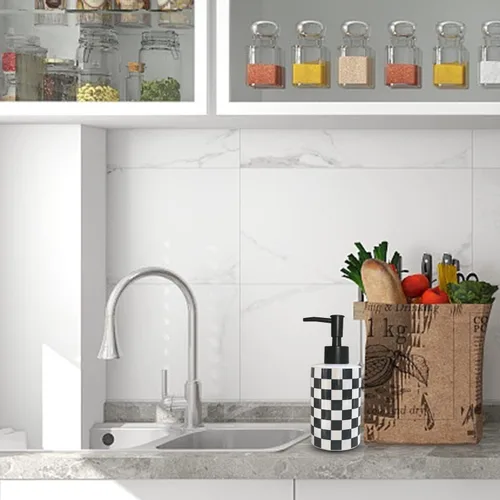 Miniatura 3 de Dispensador de jabón de baño con bomba negra mate, dispensador de jabón de cerámica blanca para cocina, patrón de cuadros, botella de bomba vacía