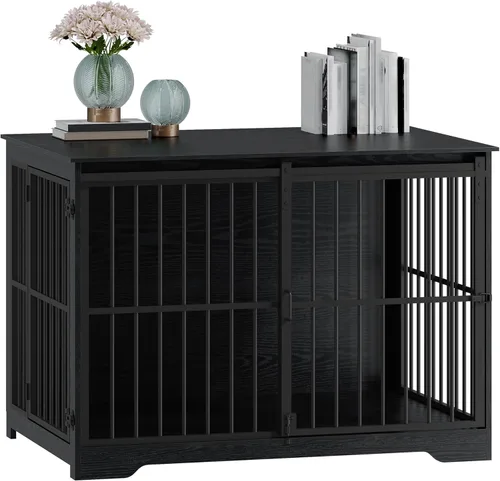 Miniatura 9 de Hzuaneri Mueble XL grande para perros, muebles de interior para perreras de 44.1 pulgadas con puerta de granero, jaula alta de madera para perros