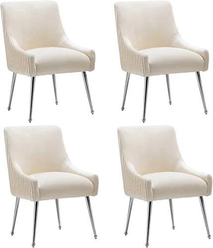 Miniatura 34 de Sillas de comedor de estilo moderno de terciopelo tapizado, silla de acento de tocador con barra vertical, silla capitonada con patas plateadas