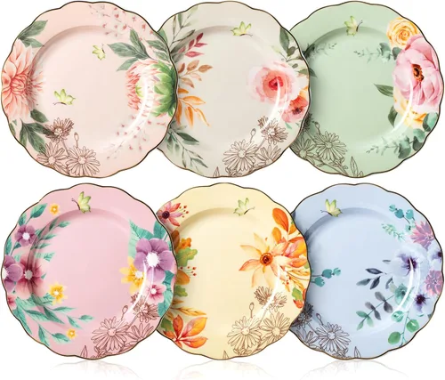 BTaT - Platos florales de porcelana, 8 pulgadas, juego de 6, platos de postre real, platos florales, platos de ensalada, platos pequeños, juego de