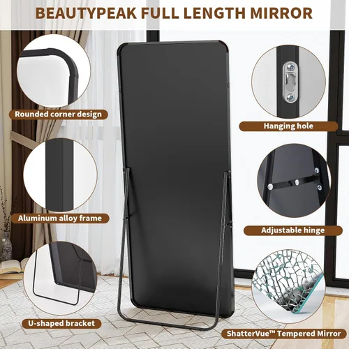 Miniatura 5 de BEAUTYPEAK - Espejo de cuerpo entero negro, espejo de piso de 56 x 21 pulgadas con esquinas redondeadas, espejo para colgar, apoyar contra la pared