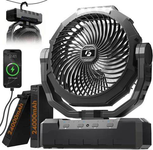 Miniatura 10 de Ventilador de campamento 3 en 1 – Ventilador portátil desmontable de 36000 mAh recargable con luz y gancho, ventiladores a batería para exteriores