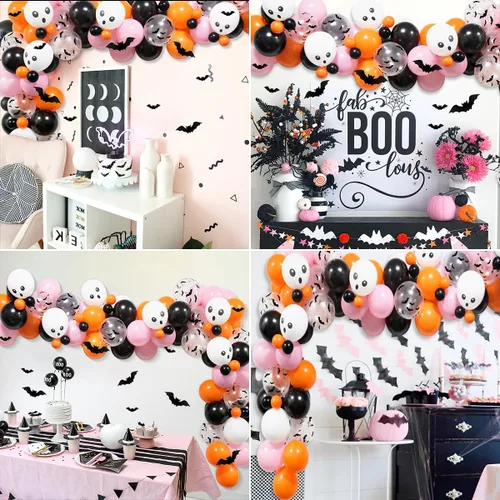 Miniatura 7 de Kit de guirnalda de arco de globos de Halloween, arco de globos de Halloween rosa, negro y naranja con globos de aluminio BOO, globos de calavera