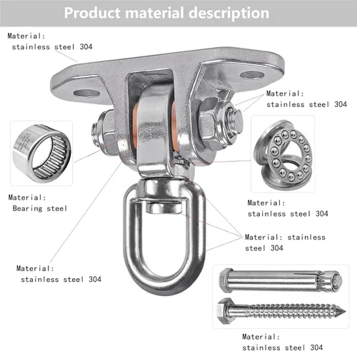 Miniatura 5 de Colgador de columpio resistente de acero inoxidable 304 antideslizante, capacidad de 1200 libras, rotación silenciosa de 360°, juego de columpio