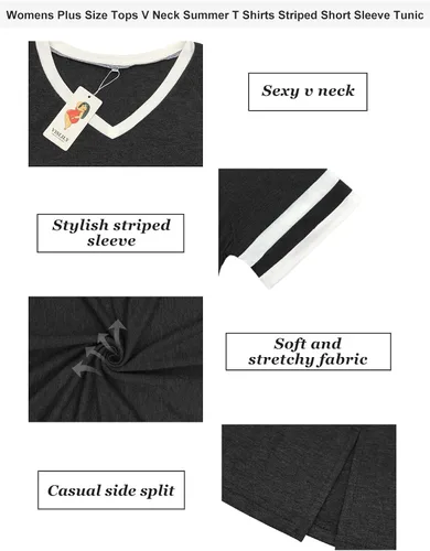 Miniatura 3 de VISLILY Womens Plus-Size Tops V Neck Summer T Shirts Striped Short Sleeve Tunic Tee