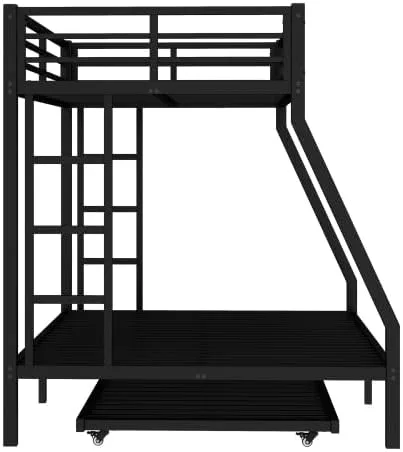 Miniatura 6 de Litera de metal con cama nido, marco de litera individual sobre matrimonial con 2 escaleras laterales y patas más gruesas, color negro