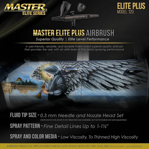 Miniatura 4 de Master Elite Plus Juego de aerógrafo, Modelo 120 - Kit de aerógrafo de nivel Elite de doble acción con alimentación por gravedad, punta de 0,3 mm, 2