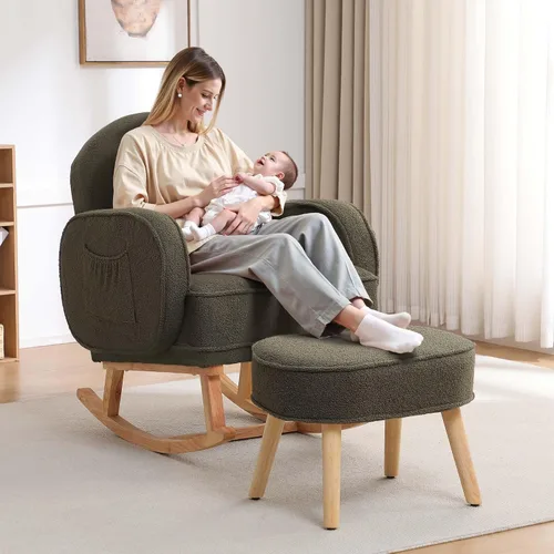 Miniatura 20 de HCHAIRH Mecedora para guardería con otomana, mecedora tapizada con respaldo alto y bolsillo lateral, sillón con patas de madera maciza para Gris