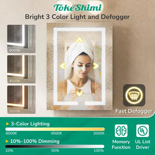 Miniatura 6 de TokeShimi 16x24 Gabinete de Montaje en Superficie o Empotrado para Medicamentos con Luces de 3 Colores Atenuables, Gabinete de Espejo LED