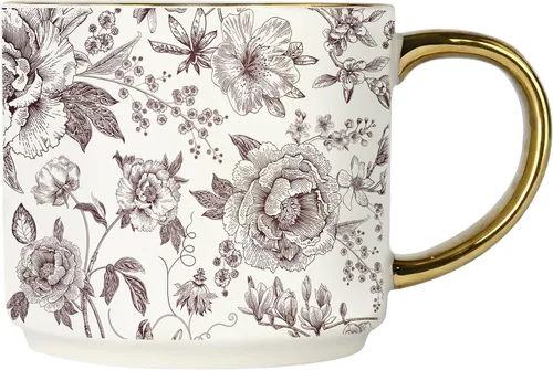 Sweet Water Decor - Taza de Delft marrón con asa dorada, 14 onzas, de porcelana fina de hueso, taza de café para té, café con leche o sidra