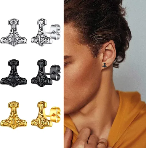 Miniatura 8 de FaithHeart Norse Vikingo Jewelry - Aretes de tuerca de plata de ley de acero inoxidable, lobo celtamartillo de Thors para mujeres y hombres, Acero