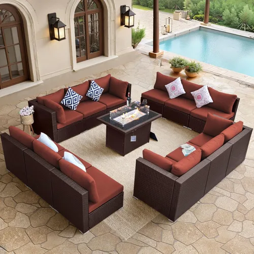 Miniatura 30 de BULEXYARD Juego de muebles de patio de respaldo alto de 7 piezas con mesa de fogata de combustible dual propano/gas natural, sofá seccional