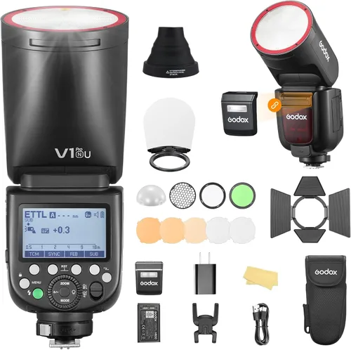 Godox V1 Pro N Versión USA Flash para cámara Nikon con Kit de Accesorios AKR1 2980mAh 76W Batería 500 Parpadeos de potencia completa TTL 1/8000s HSS