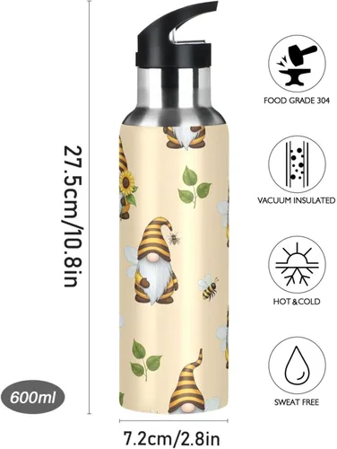 Miniatura 9 de Insulated Stainless Steel Water Bottle with Straw 20 Oz, Leakproof Water Bottles for Gym Outdoor Travel School, Gnomes Bees