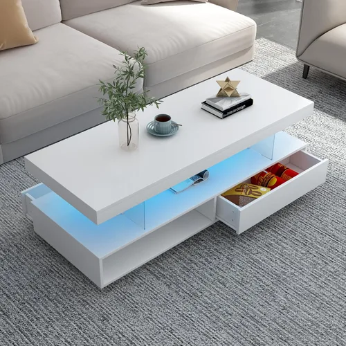 Miniatura 4 de Mesa auxiliar LED con almacenamiento, mesa central moderna con estante abierto y 2 cajones deslizantes dobles, muebles decorativos con luces LED