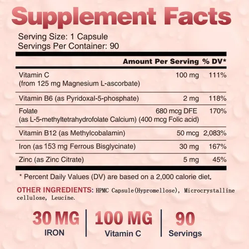 Miniatura 4 de Suplementos de hierro para mujeres y hombres, bisglicinato de hierro vegano 30mg más vitamina C, B12, ácido fólico - pastillas de hierro