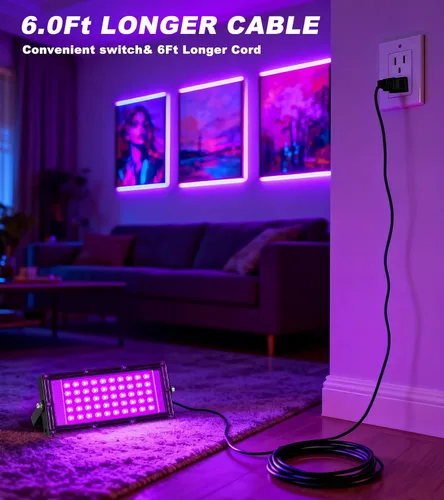 Miniatura 3 de Luz LED Negra de 50W IP66 Impermeable, Luz de Inundación Negra para Exteriores con Enchufe+Interruptor+Cable, para Halloween Neón que Brilla