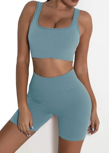 Miniatura 5 de fatty tiger Conjuntos de entrenamiento acanalados para mujer, 2 piezas, trajes de gimnasio, ombligueras, pantalones cortos de cintura alta