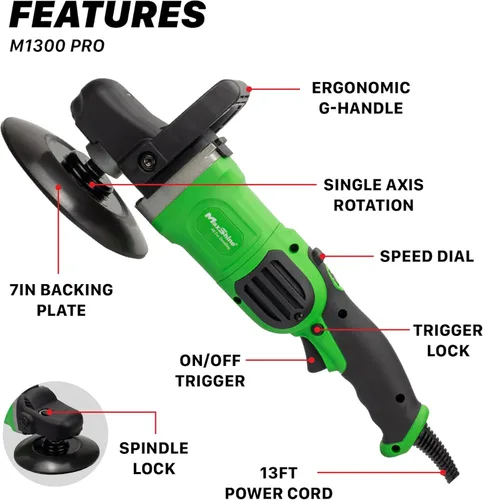 Miniatura 2 de Maxshine Pulidora rotativa M1300 Pro de 7 pulgadas, 1300 W, 6 velocidades, rosca de 5/8 pulgadas, herramienta de detallado automático para 7" M1300