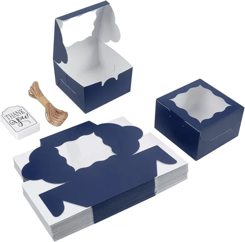 Miniatura 5 de KPOSIYA - 60 piezas de cajas de panadería azules con ventana, cajas individuales para cupcakes de 10 x 10 x 6 cm, cajas de papel kraft azules