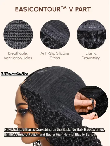 Miniatura 4 de UNICE EasiContour Peluca de Cabello Humano Kinky Straight con Parte en V Sin Pegamento con Clip Peluca Mágica Leave Out Mejorada Peluca de Cabello